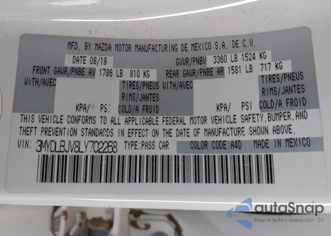 2020 Toyota Yaris Le z USA, uszkodzony, nr VIN 3MYDLBJV8LY702268